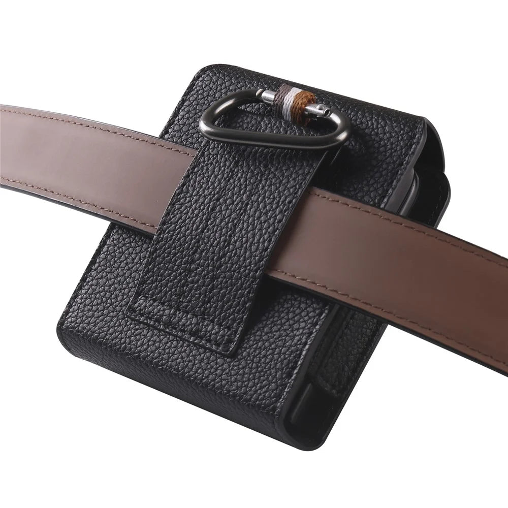 PU Leather Waist Belt Loop Phone Bag Pouch Protective Case with Carabiner for Samsung Galaxy Z Flip3 5G - Black - 6