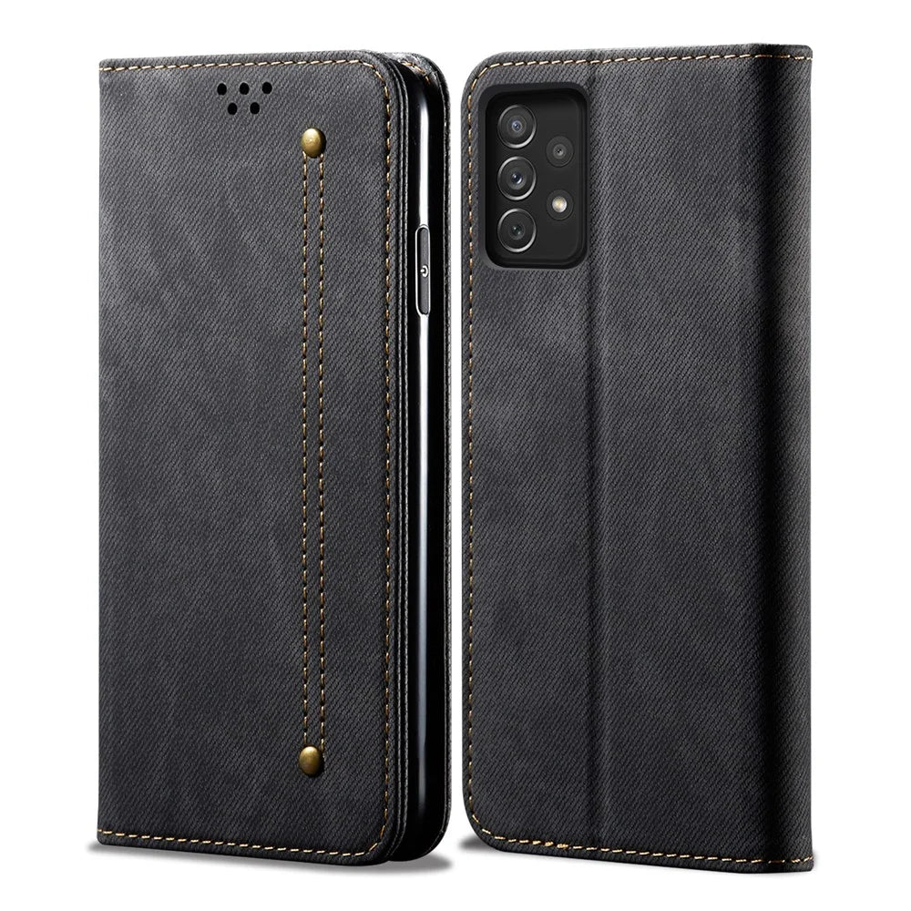 Jeans Cloth Texture PU Leather Case + TPU Inner Shell Wallet Stand Mobile Phone Protective Cover for Samsung Galaxy A73 5G - Black - 1