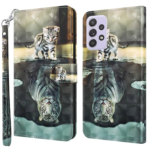 For Samsung Galaxy A13 4G 3D Pattern Printing Scratch-resistant Phone Case PU Leather Stand Phone Protector with Wallet Strap - Cat and Tiger - 1