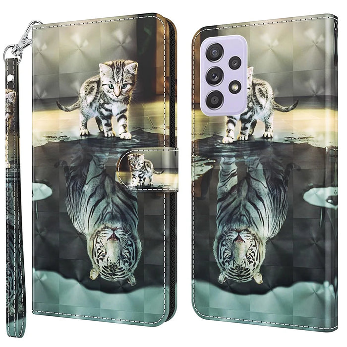 For Samsung Galaxy A13 4G 3D Pattern Printing Scratch-resistant Phone Case PU Leather Stand Phone Protector with Wallet Strap - Cat and Tiger - 1