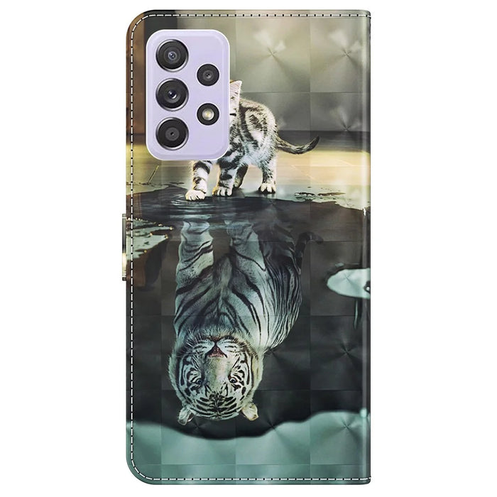 For Samsung Galaxy A13 4G 3D Pattern Printing Scratch-resistant Phone Case PU Leather Stand Phone Protector with Wallet Strap - Cat and Tiger - 3