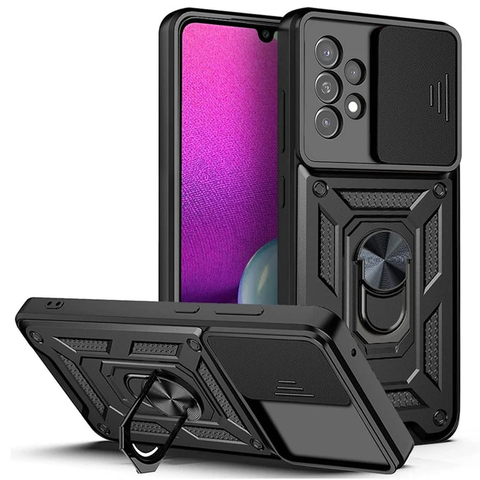 Hard PC Soft TPU Slide Lens Protection Scratch-Resistant Cover with Car Mount Kickstand for Samsung Galaxy A33 5G - Black - 1