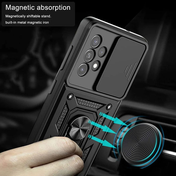 Hard PC Soft TPU Slide Lens Protection Scratch-Resistant Cover with Car Mount Kickstand for Samsung Galaxy A33 5G - Black - 3