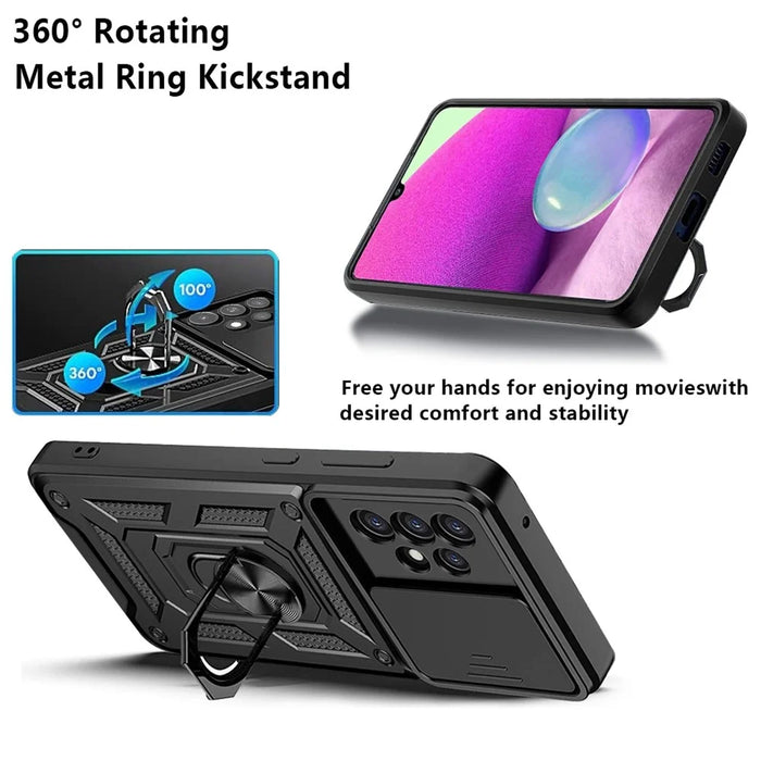 Hard PC Soft TPU Slide Lens Protection Scratch-Resistant Cover with Car Mount Kickstand for Samsung Galaxy A33 5G - Black - 5