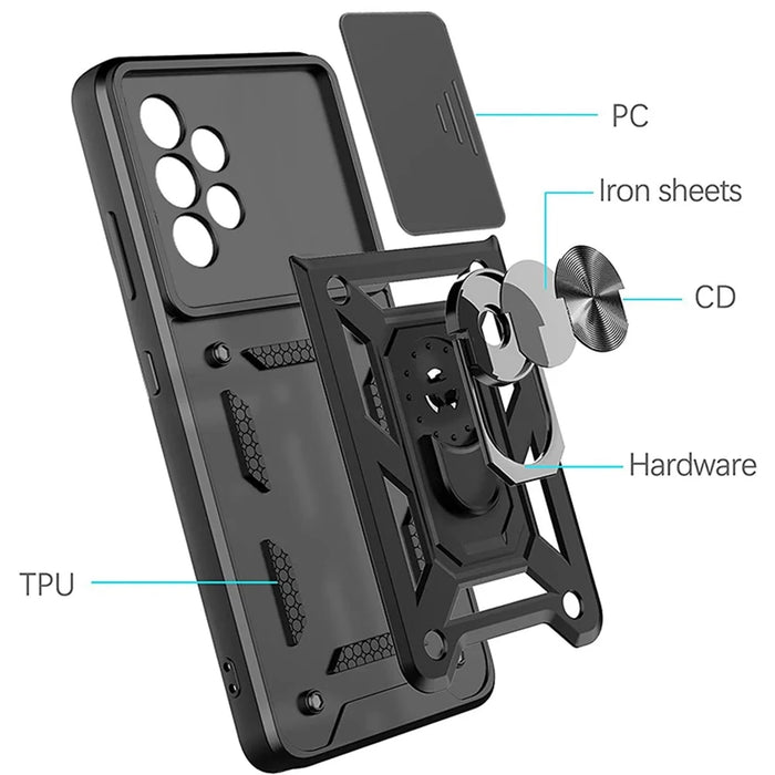 Hard PC Soft TPU Slide Lens Protection Scratch-Resistant Cover with Car Mount Kickstand for Samsung Galaxy A33 5G - Black - 6