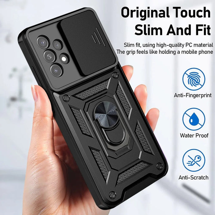 Hard PC Soft TPU Slide Lens Protection Scratch-Resistant Cover with Car Mount Kickstand for Samsung Galaxy A33 5G - Black - 7