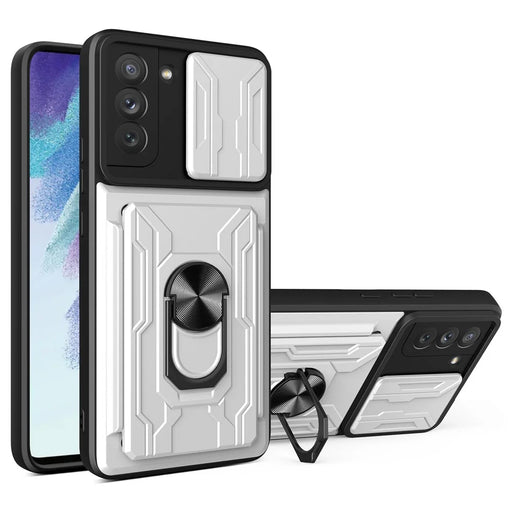 Camera Slide Cover Detachable Card Slot Design PC + TPU Hybrid Phone Case with Ring Kickstand for Samsung Galaxy S21 FE 5G - White - 1