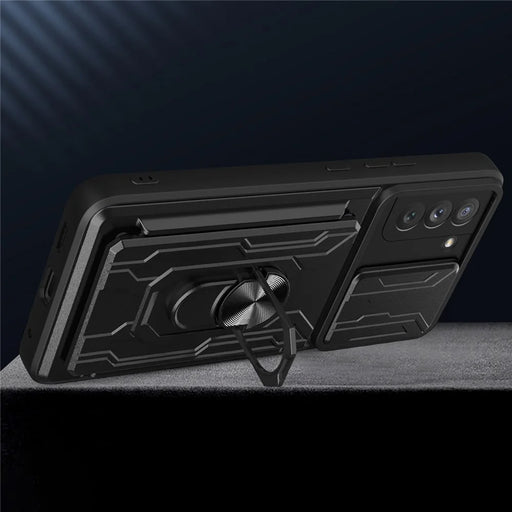 Camera Slide Cover Detachable Card Slot Design PC + TPU Hybrid Phone Case with Ring Kickstand for Samsung Galaxy S21 FE 5G - White - 2