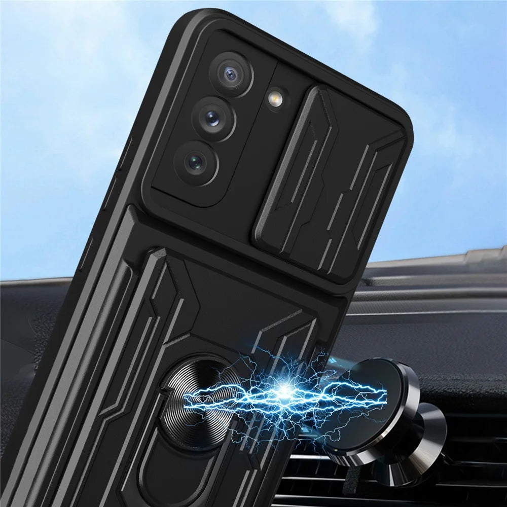 Camera Slide Cover Detachable Card Slot Design PC + TPU Hybrid Phone Case with Ring Kickstand for Samsung Galaxy S21 FE 5G - White - 4