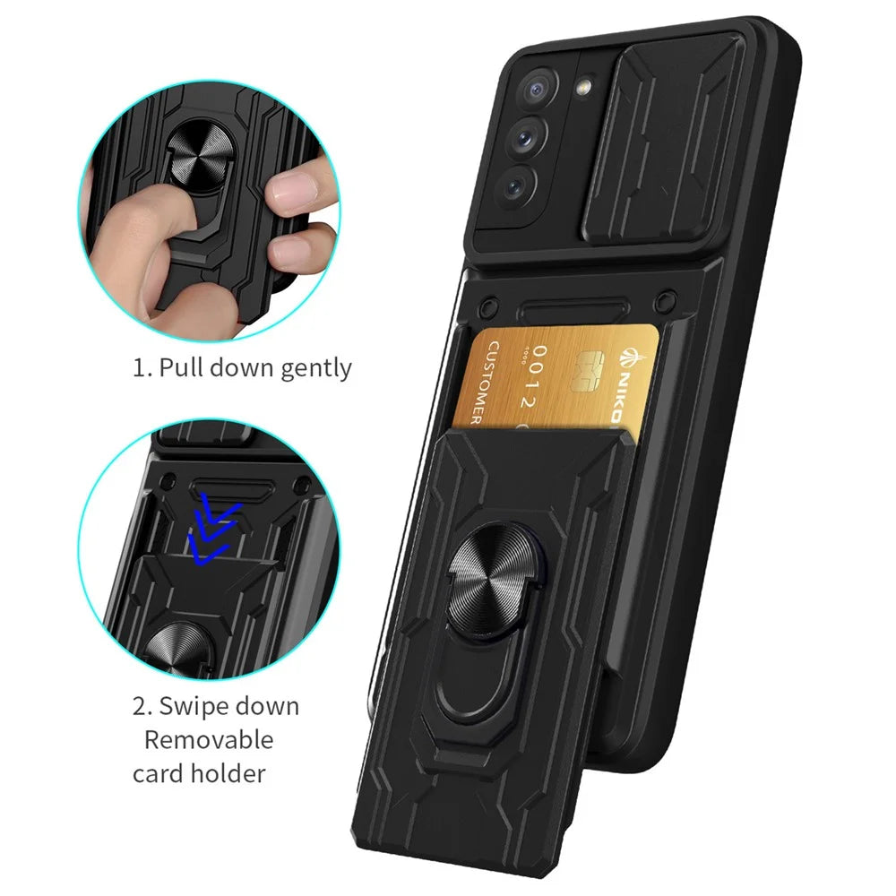 Camera Slide Cover Detachable Card Slot Design PC + TPU Hybrid Phone Case with Ring Kickstand for Samsung Galaxy S21 FE 5G - White - 5
