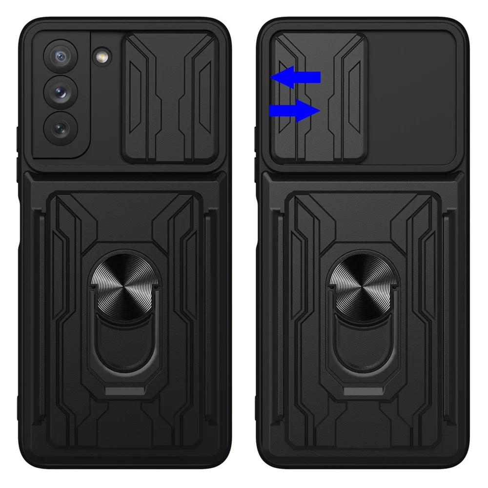 Camera Slide Cover Detachable Card Slot Design PC + TPU Hybrid Phone Case with Ring Kickstand for Samsung Galaxy S21 FE 5G - White - 6