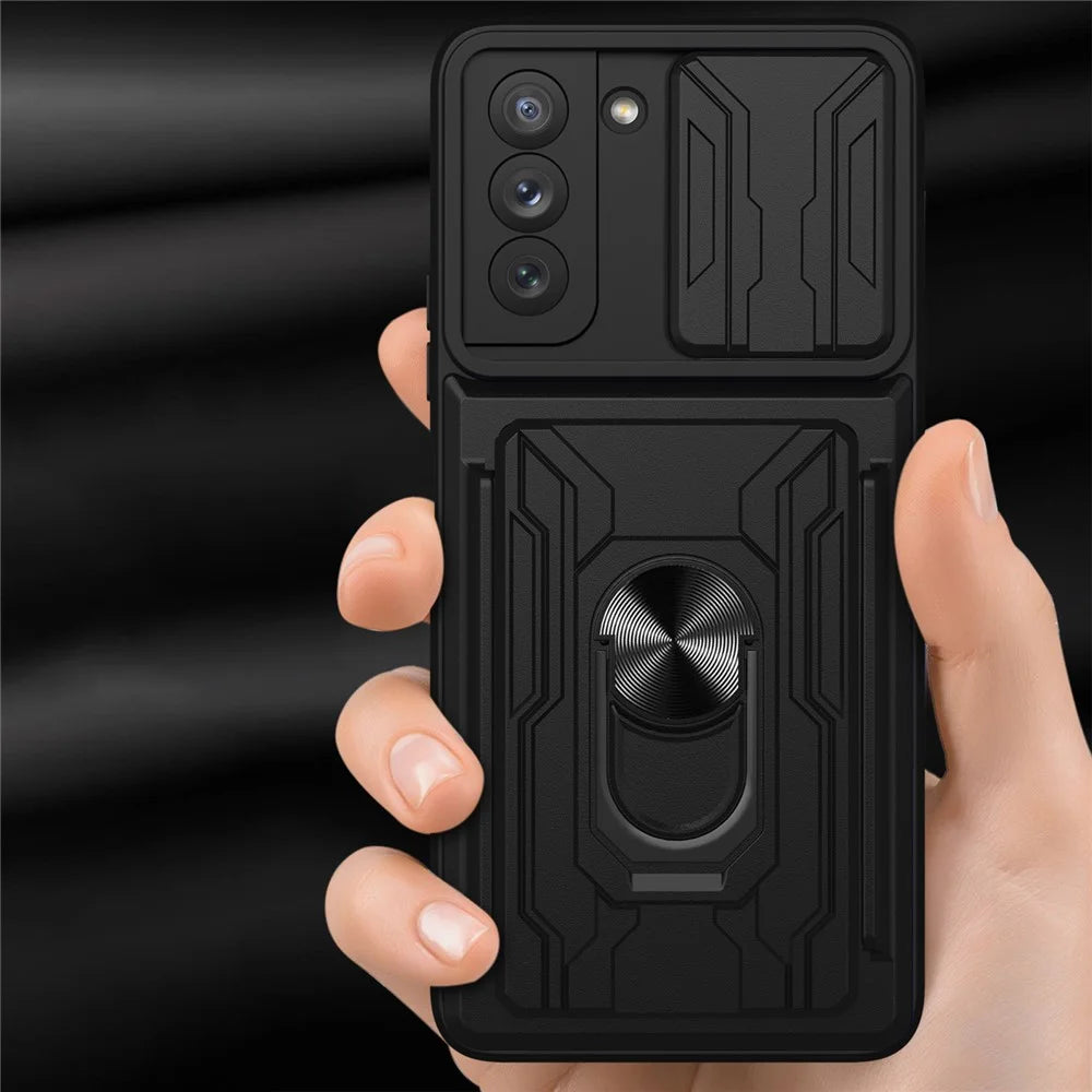 Camera Slide Cover Detachable Card Slot Design PC + TPU Hybrid Phone Case with Ring Kickstand for Samsung Galaxy S21 FE 5G - White - 7