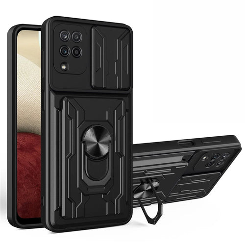 Ring Holder Kickstand Hard PC + Soft TPU Phone Case Shell with Camera Slide Cover and Detachable Card Slot for Samsung Galaxy A12 - Black - 1