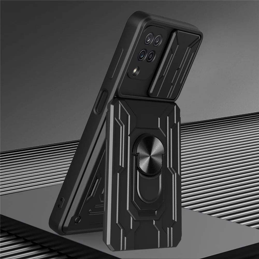 Ring Holder Kickstand Hard PC + Soft TPU Phone Case Shell with Camera Slide Cover and Detachable Card Slot for Samsung Galaxy A12 - Black - 3