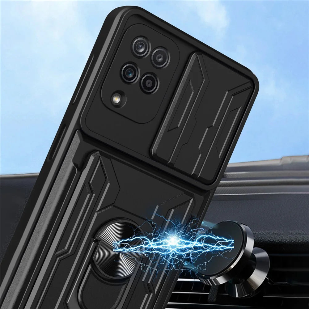 Ring Holder Kickstand Hard PC + Soft TPU Phone Case Shell with Camera Slide Cover and Detachable Card Slot for Samsung Galaxy A12 - Black - 4