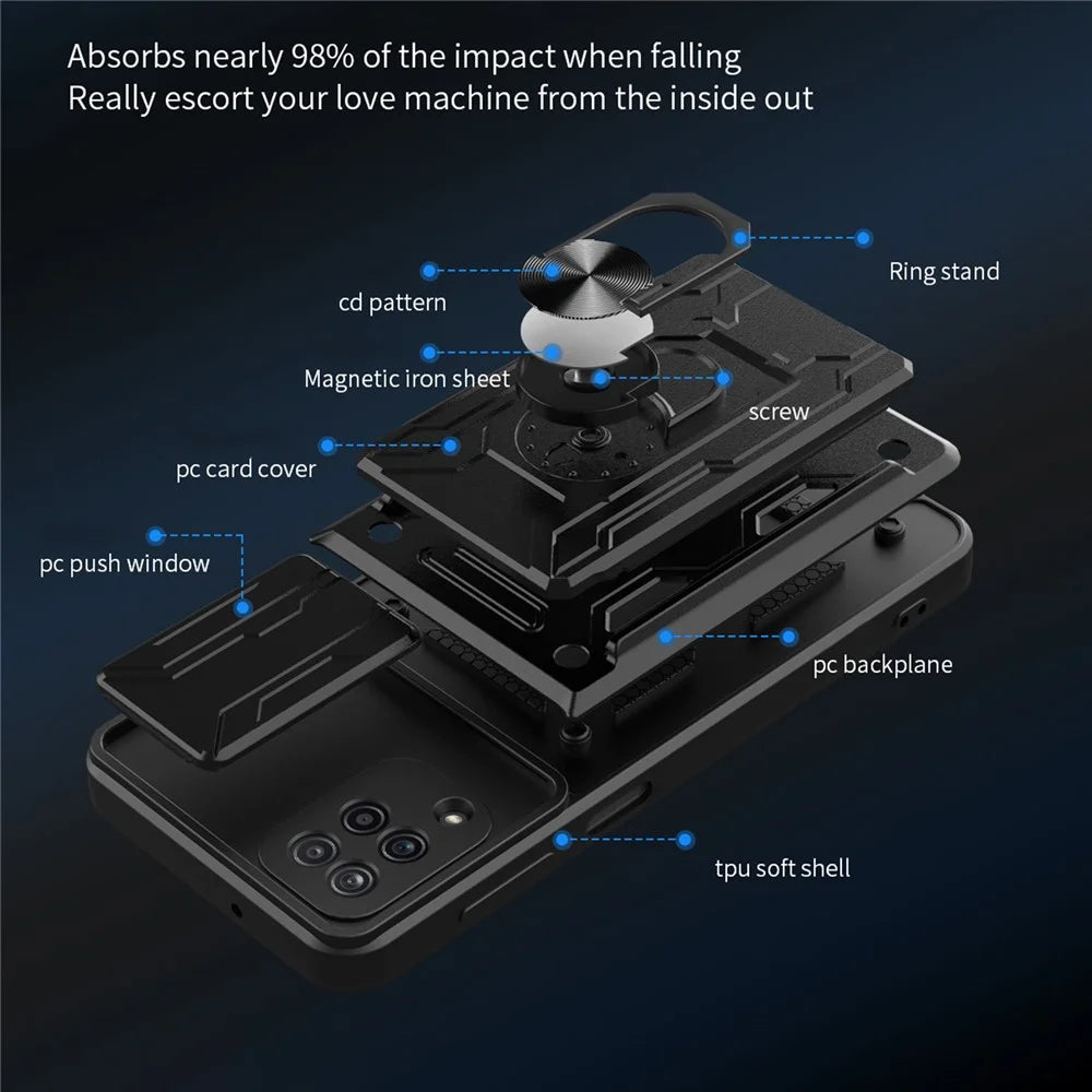 Ring Holder Kickstand Hard PC + Soft TPU Phone Case Shell with Camera Slide Cover and Detachable Card Slot for Samsung Galaxy A12 - Black - 5