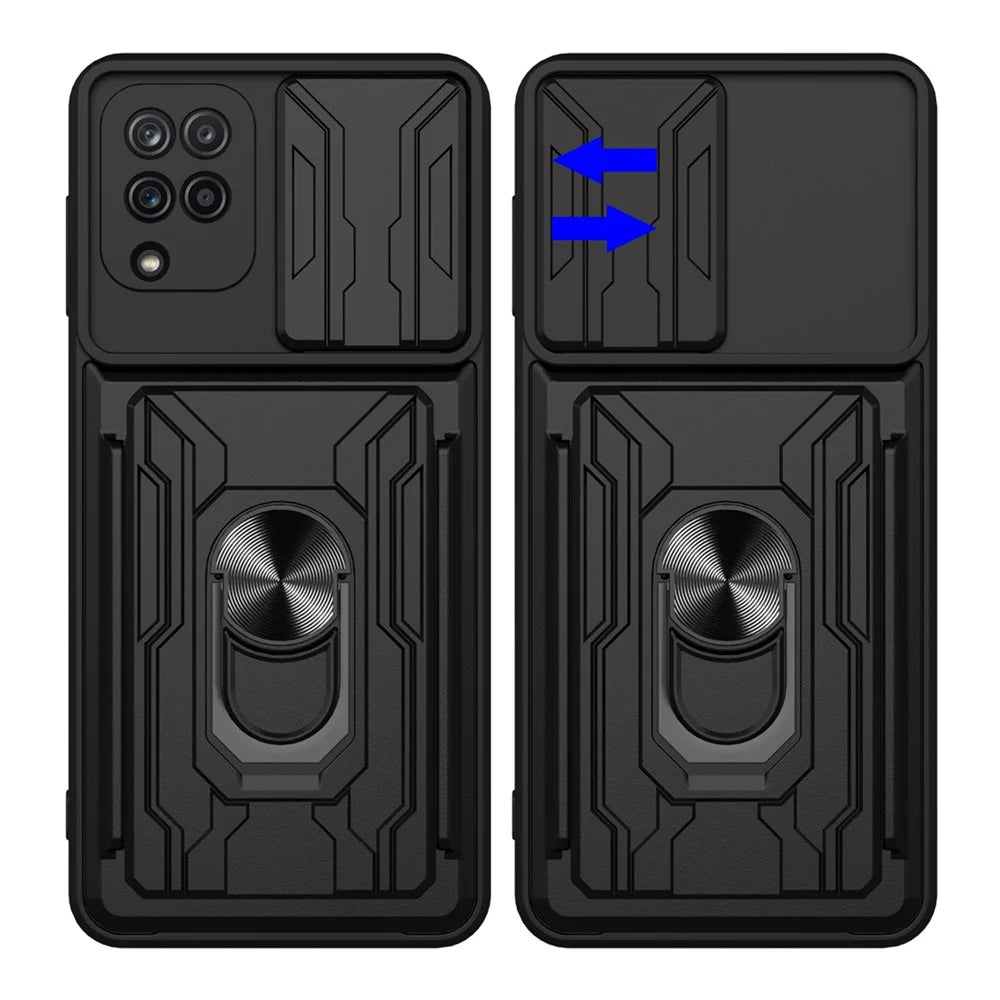 Ring Holder Kickstand Hard PC + Soft TPU Phone Case Shell with Camera Slide Cover and Detachable Card Slot for Samsung Galaxy A12 - Black - 6