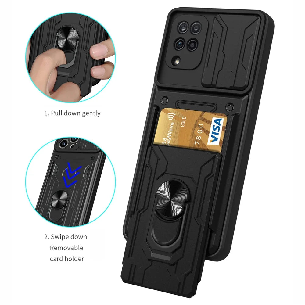 Ring Holder Kickstand Hard PC + Soft TPU Phone Case Shell with Camera Slide Cover and Detachable Card Slot for Samsung Galaxy A12 - Black - 7