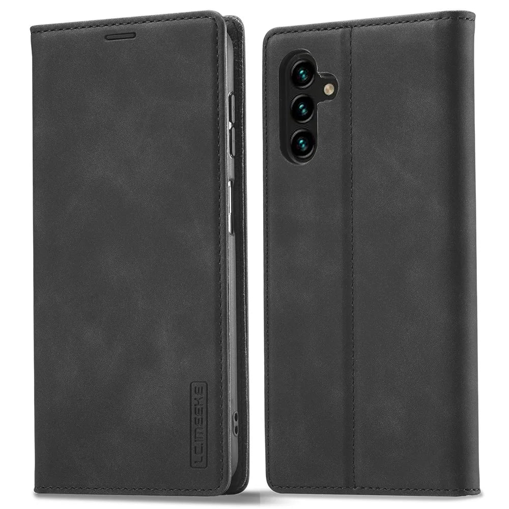 LC.IMEEKE Magnetic Auto Closing PU Leather + TPU Stand Wallet Phone Case Shell for Samsung Galaxy A13 5G / A04s 4G (164.7mm) - Black - 1