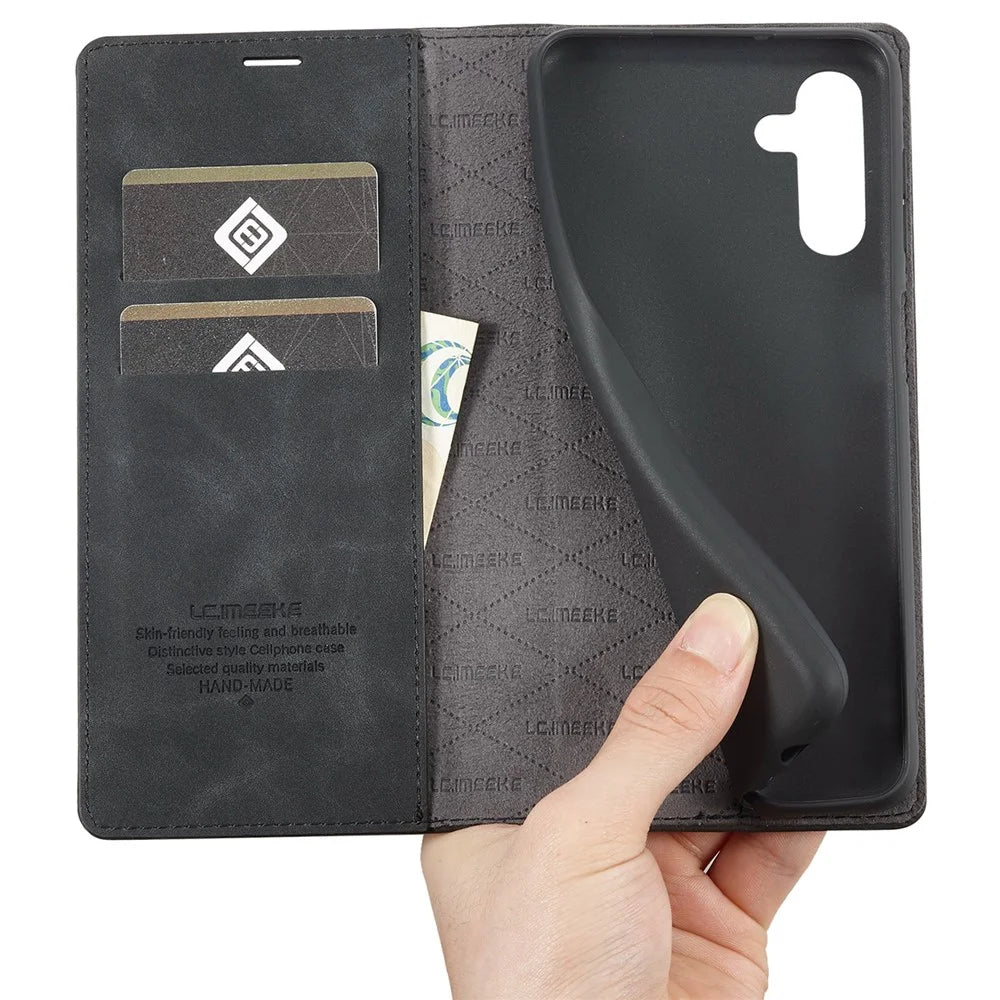 LC.IMEEKE Magnetic Auto Closing PU Leather + TPU Stand Wallet Phone Case Shell for Samsung Galaxy A13 5G / A04s 4G (164.7mm) - Black - 7