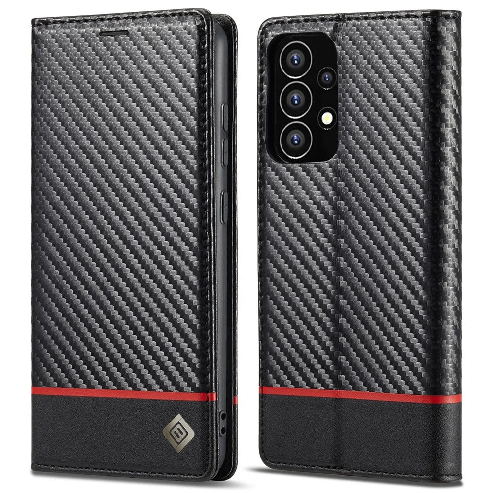 LC.IMEEKE Carbon Fiber Texture Magnetic Auto-absorbed PU Leather Phone Case Cover with Wallet Stand for Samsung Galaxy A53 5G - Horizontal Stripe - 1
