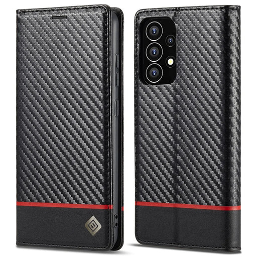LC.IMEEKE Carbon Fiber Texture Magnetic Auto-absorbed PU Leather Phone Case Cover with Wallet Stand for Samsung Galaxy A53 5G - Horizontal Stripe - 1