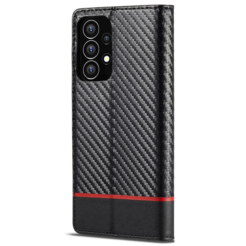 LC.IMEEKE Carbon Fiber Texture Magnetic Auto-absorbed PU Leather Phone Case Cover with Wallet Stand for Samsung Galaxy A53 5G - Horizontal Stripe - 3
