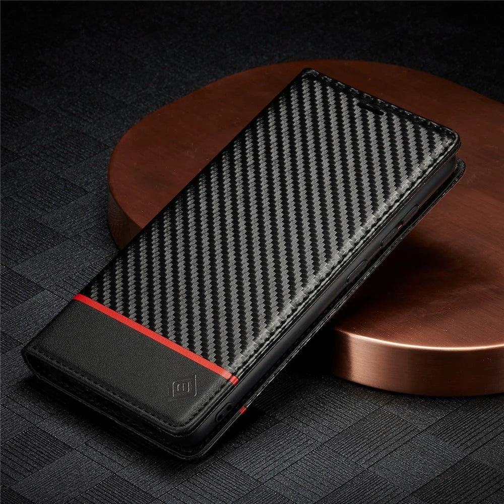 LC.IMEEKE Carbon Fiber Texture Magnetic Auto-absorbed PU Leather Phone Case Cover with Wallet Stand for Samsung Galaxy A53 5G - Horizontal Stripe - 6