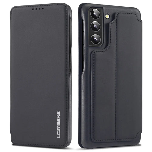 LC.IMEEKE Card Slot PU Leather + PC Full Protection Stand Phone Case Shell for Samsung Galaxy S22 5G - Black - 1