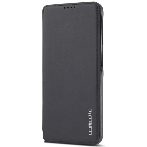 LC.IMEEKE Card Slot PU Leather + PC Full Protection Stand Phone Case Shell for Samsung Galaxy S22 5G - Black - 2
