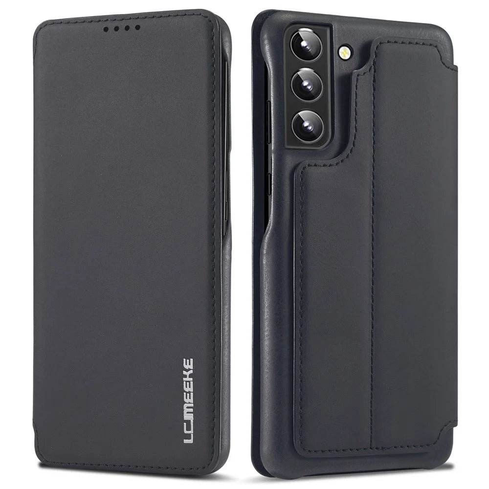 LC.IMEEKE PU Leather Phone Case Foldable Stand Card Holder Protective Cover for Samsung Galaxy S22+ 5G - Black - 1
