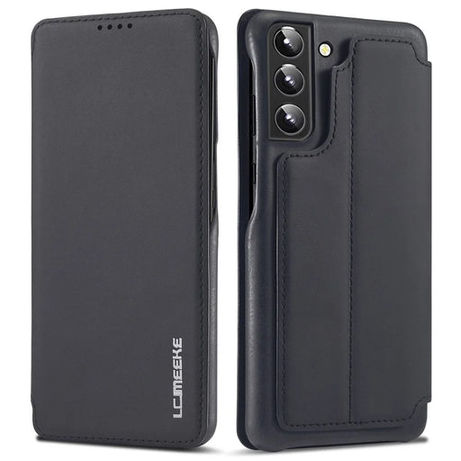LC.IMEEKE PU Leather Phone Case Foldable Stand Card Holder Protective Cover for Samsung Galaxy S22+ 5G - Black - 1
