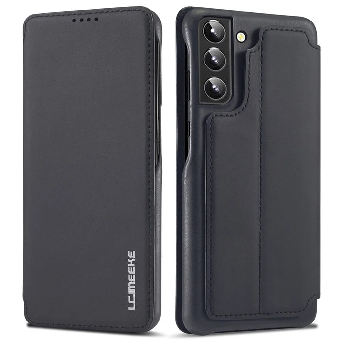 LC.IMEEKE PU Leather Phone Case Foldable Stand Card Holder Protective Cover for Samsung Galaxy S22+ 5G - Black - 1
