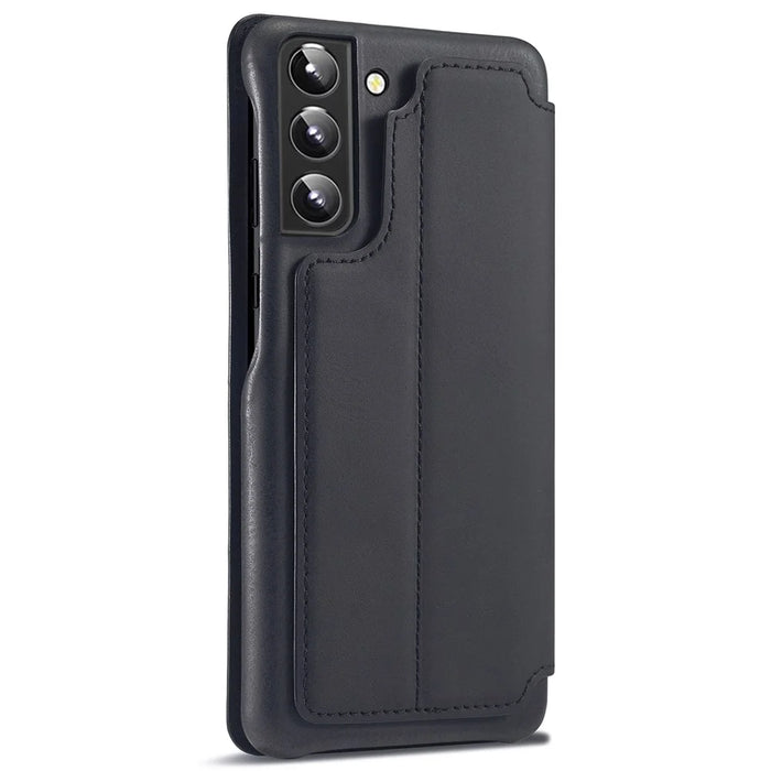 LC.IMEEKE PU Leather Phone Case Foldable Stand Card Holder Protective Cover for Samsung Galaxy S22+ 5G - Black - 3