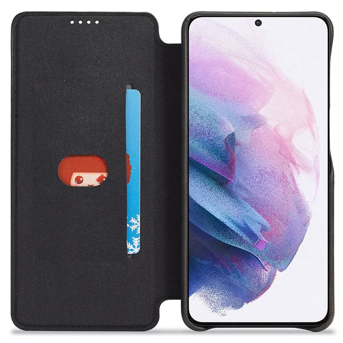 LC.IMEEKE PU Leather Phone Case Foldable Stand Card Holder Protective Cover for Samsung Galaxy S22+ 5G - Black - 6