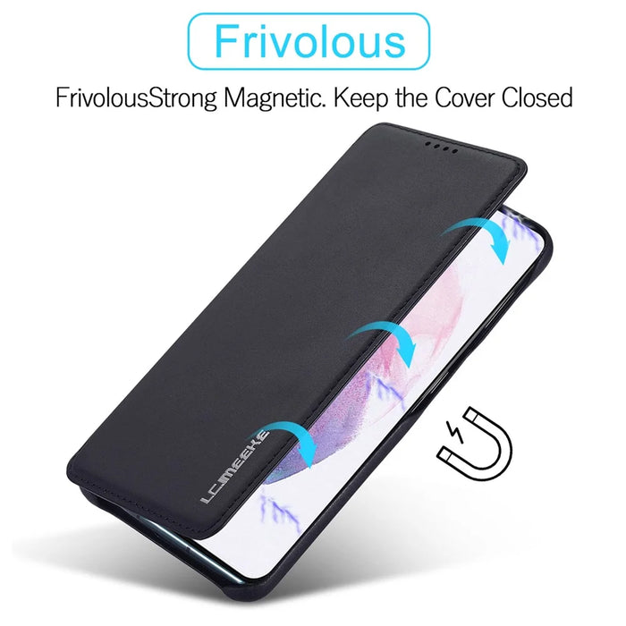 LC.IMEEKE PU Leather Phone Case Foldable Stand Card Holder Protective Cover for Samsung Galaxy S22+ 5G - Black - 7