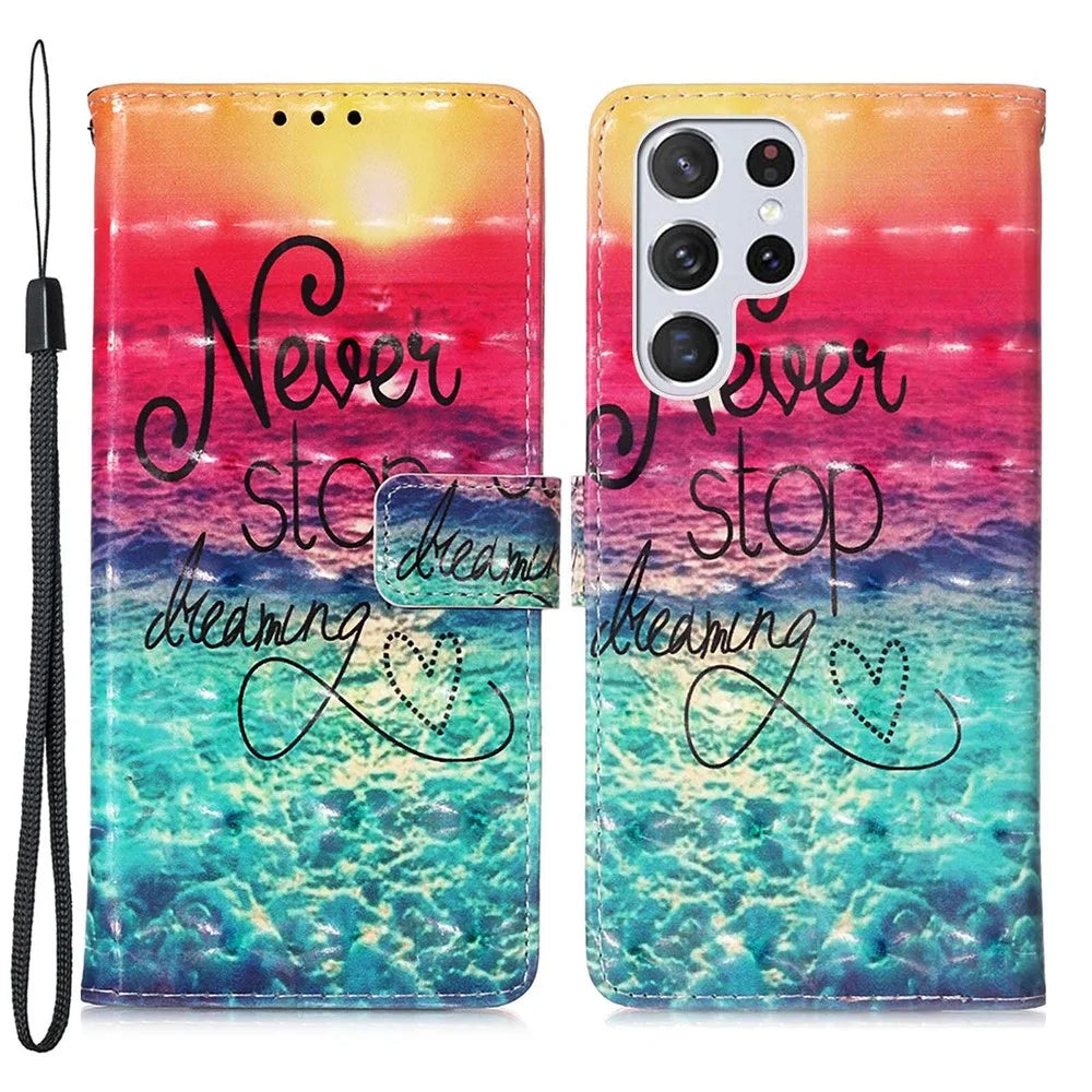 PU Leather Shockproof Phone Cover 3D Pattern Printing Stand Phone Case with Wallet Strap for Samsung Galaxy S22 Ultra 5G - Never Stop Dreaming - 1