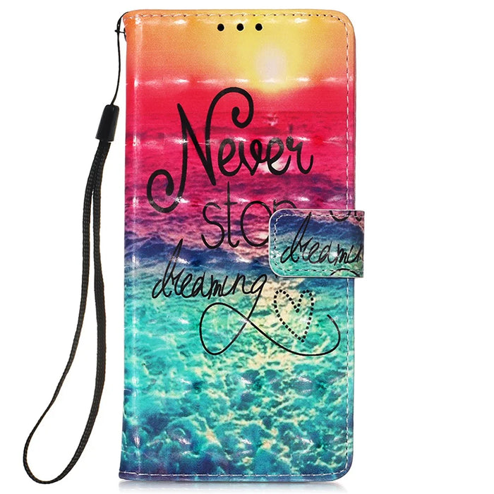 PU Leather Shockproof Phone Cover 3D Pattern Printing Stand Phone Case with Wallet Strap for Samsung Galaxy S22 Ultra 5G - Never Stop Dreaming - 2