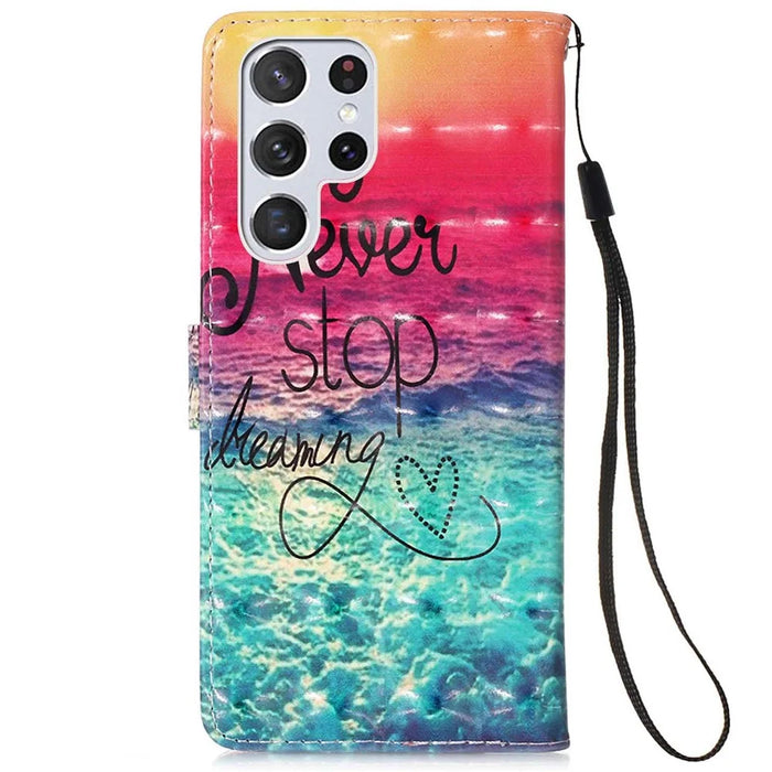 PU Leather Shockproof Phone Cover 3D Pattern Printing Stand Phone Case with Wallet Strap for Samsung Galaxy S22 Ultra 5G - Never Stop Dreaming - 3