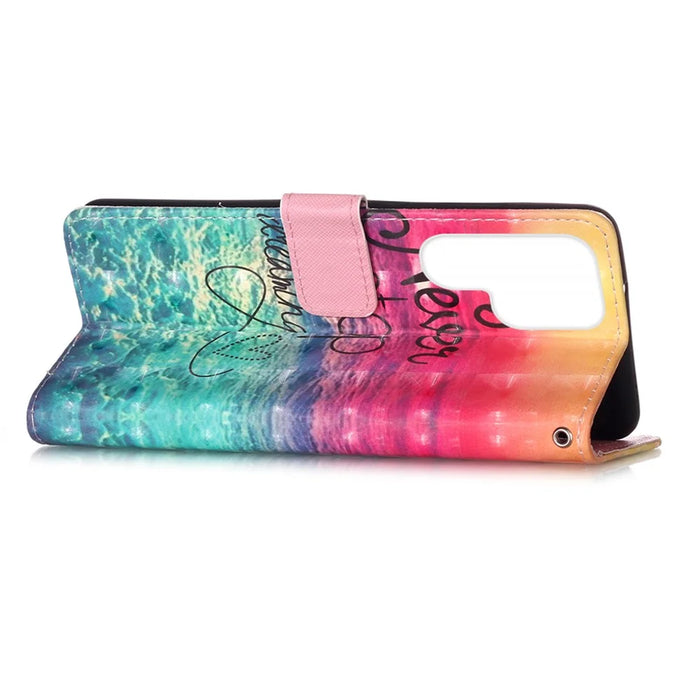 PU Leather Shockproof Phone Cover 3D Pattern Printing Stand Phone Case with Wallet Strap for Samsung Galaxy S22 Ultra 5G - Never Stop Dreaming - 5