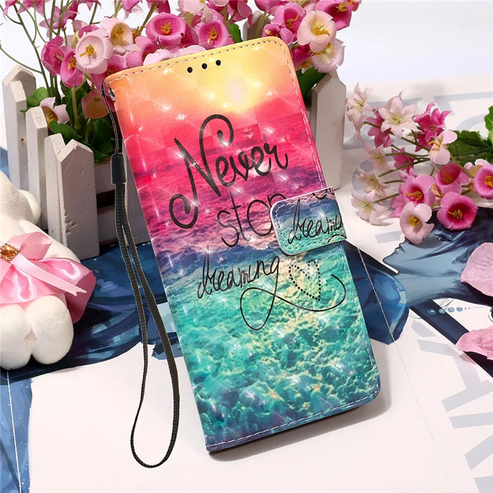 PU Leather Shockproof Phone Cover 3D Pattern Printing Stand Phone Case with Wallet Strap for Samsung Galaxy S22 Ultra 5G - Never Stop Dreaming - 6