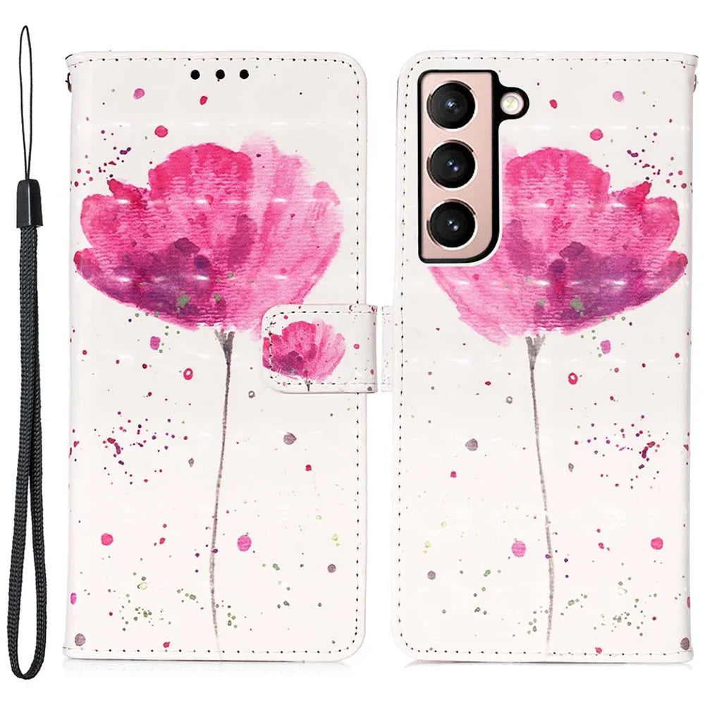 PU Leather Shockproof Phone Cover 3D Pattern Printing Stand Phone Case with Wallet Strap for Samsung Galaxy S22 5G - Flower - 1