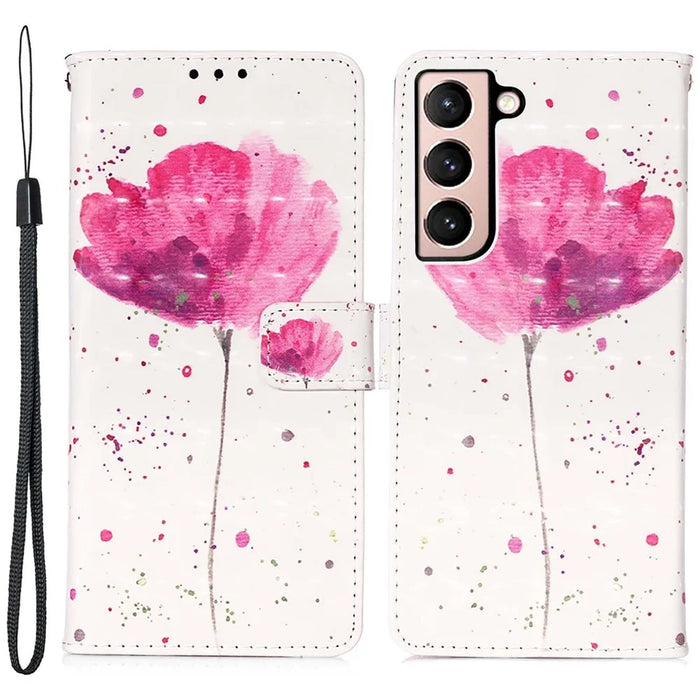 PU Leather Shockproof Phone Cover 3D Pattern Printing Stand Phone Case with Wallet Strap for Samsung Galaxy S22 5G - Flower - 1