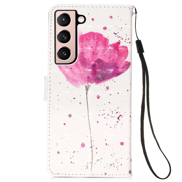 PU Leather Shockproof Phone Cover 3D Pattern Printing Stand Phone Case with Wallet Strap for Samsung Galaxy S22 5G - Flower - 3