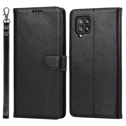 R61 Texture Felled Seam Wallet Stand PU Leather Case + Inner TPU Phone Cover Protector with Strap for Samsung Galaxy A12 - Black - 1