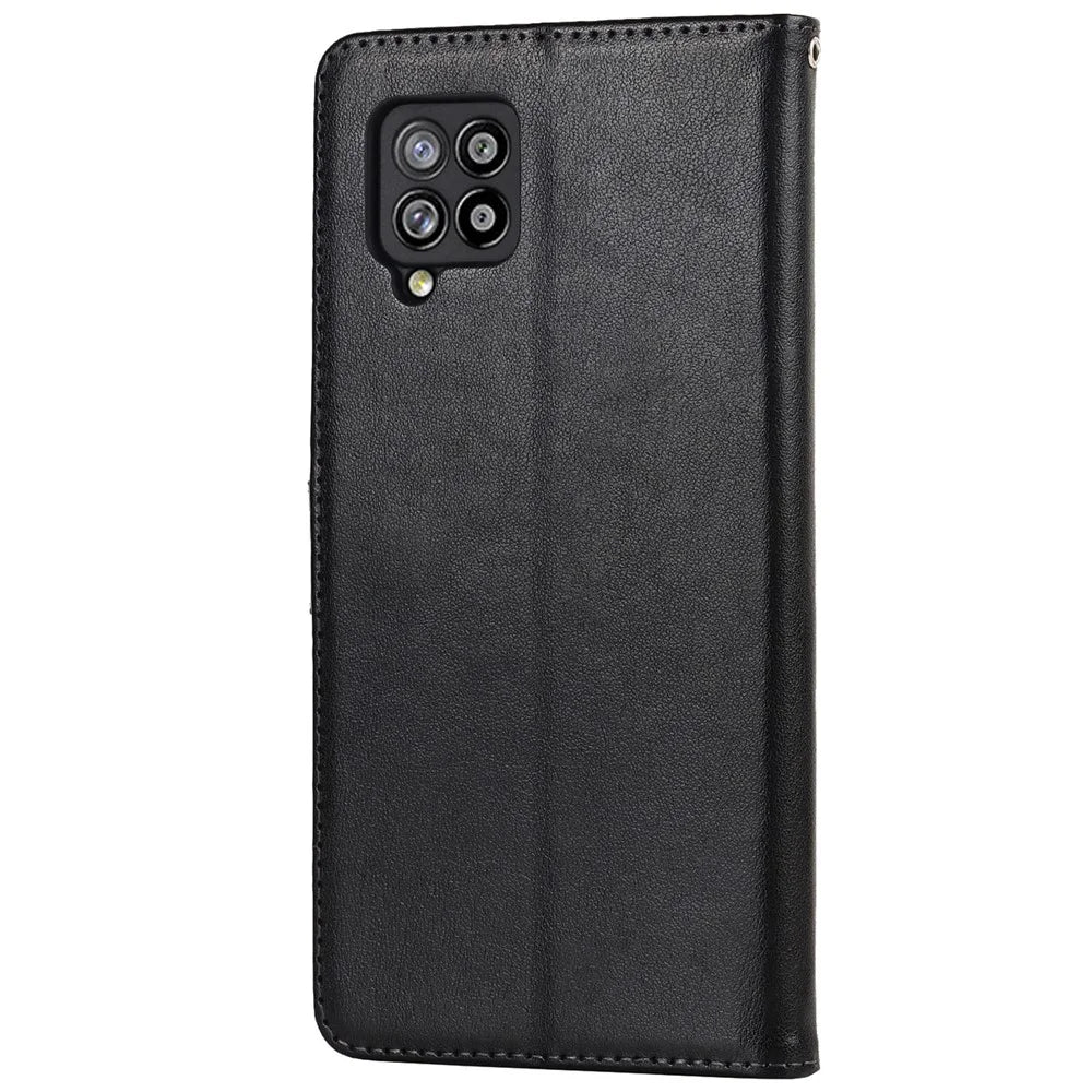 R61 Texture Felled Seam Wallet Stand PU Leather Case + Inner TPU Phone Cover Protector with Strap for Samsung Galaxy A12 - Black - 3