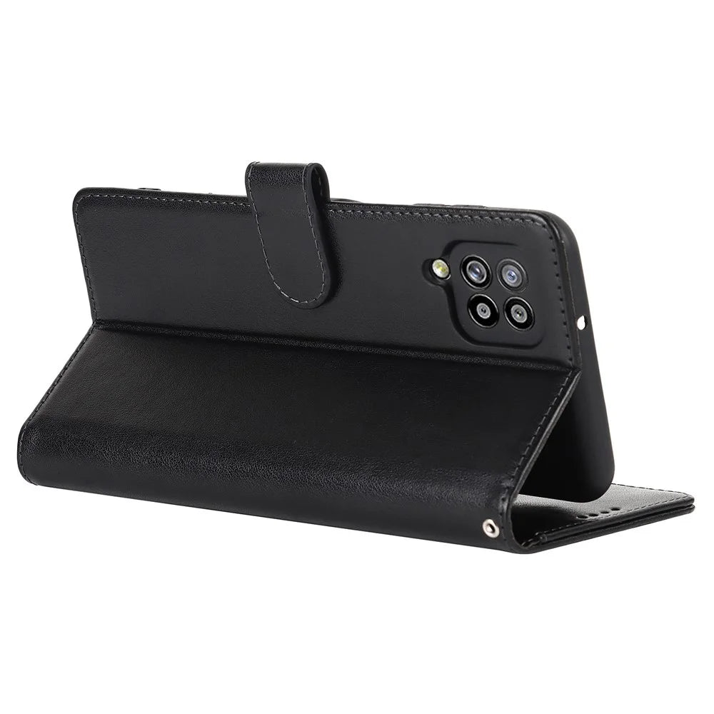 R61 Texture Felled Seam Wallet Stand PU Leather Case + Inner TPU Phone Cover Protector with Strap for Samsung Galaxy A12 - Black - 5
