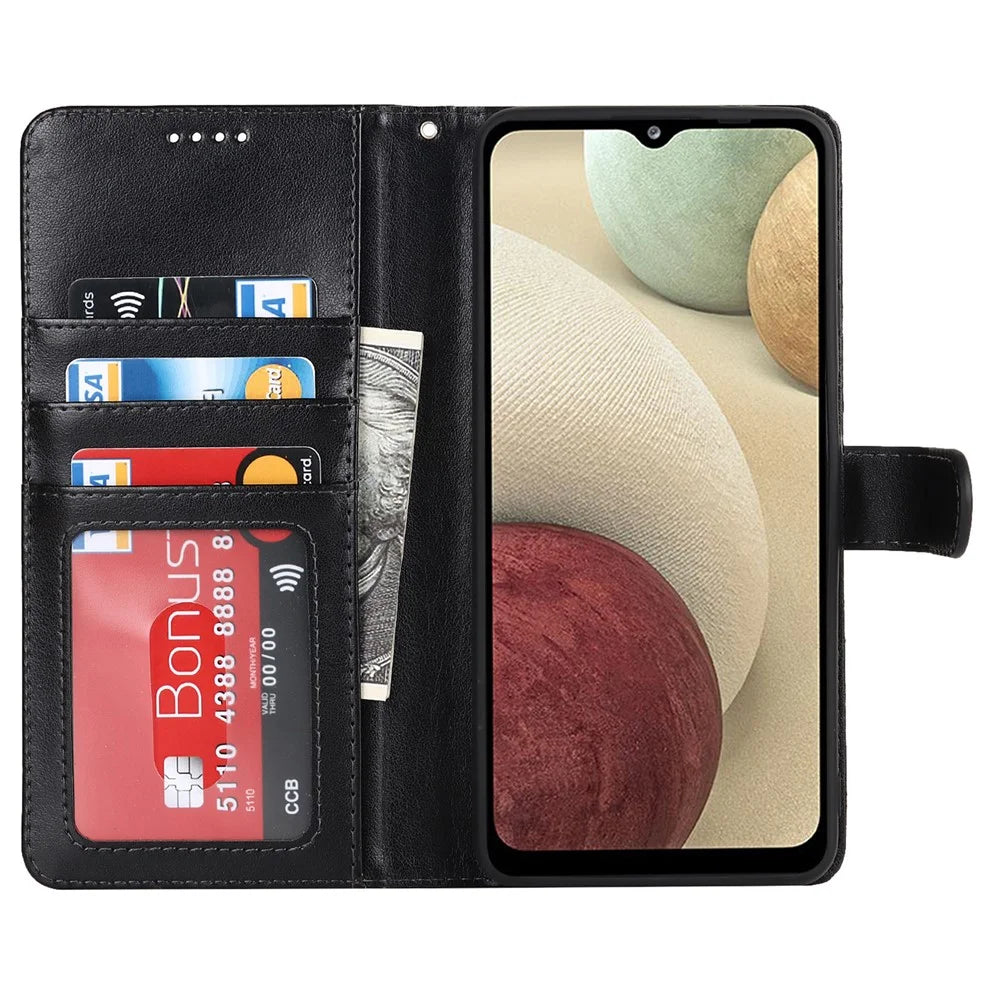 R61 Texture Felled Seam Wallet Stand PU Leather Case + Inner TPU Phone Cover Protector with Strap for Samsung Galaxy A12 - Black - 6