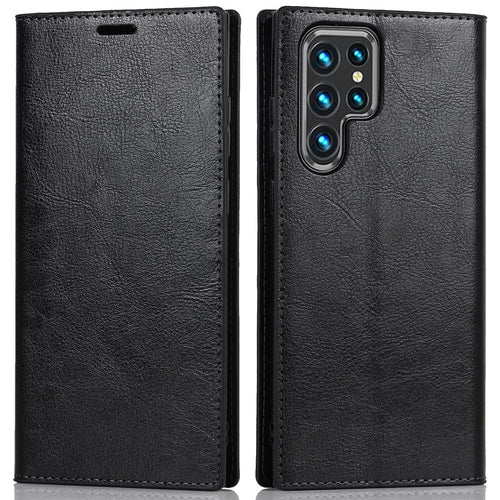 For Samsung Galaxy S22 Ultra 5G Crazy Horse Texture Genuine Leather + TPU Phone Case Cover with Stand Wallet - Black - 1