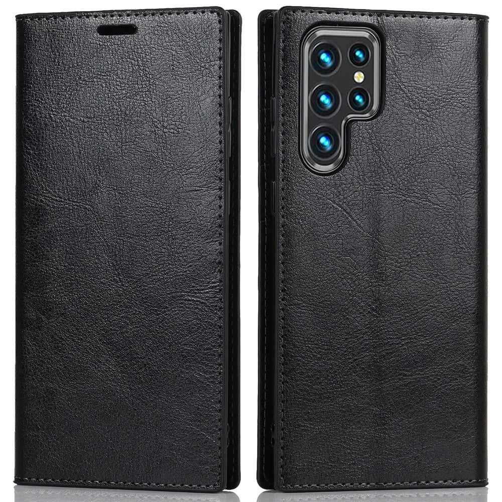 For Samsung Galaxy S22 Ultra 5G Crazy Horse Texture Genuine Leather + TPU Phone Case Cover with Stand Wallet - Black - 1